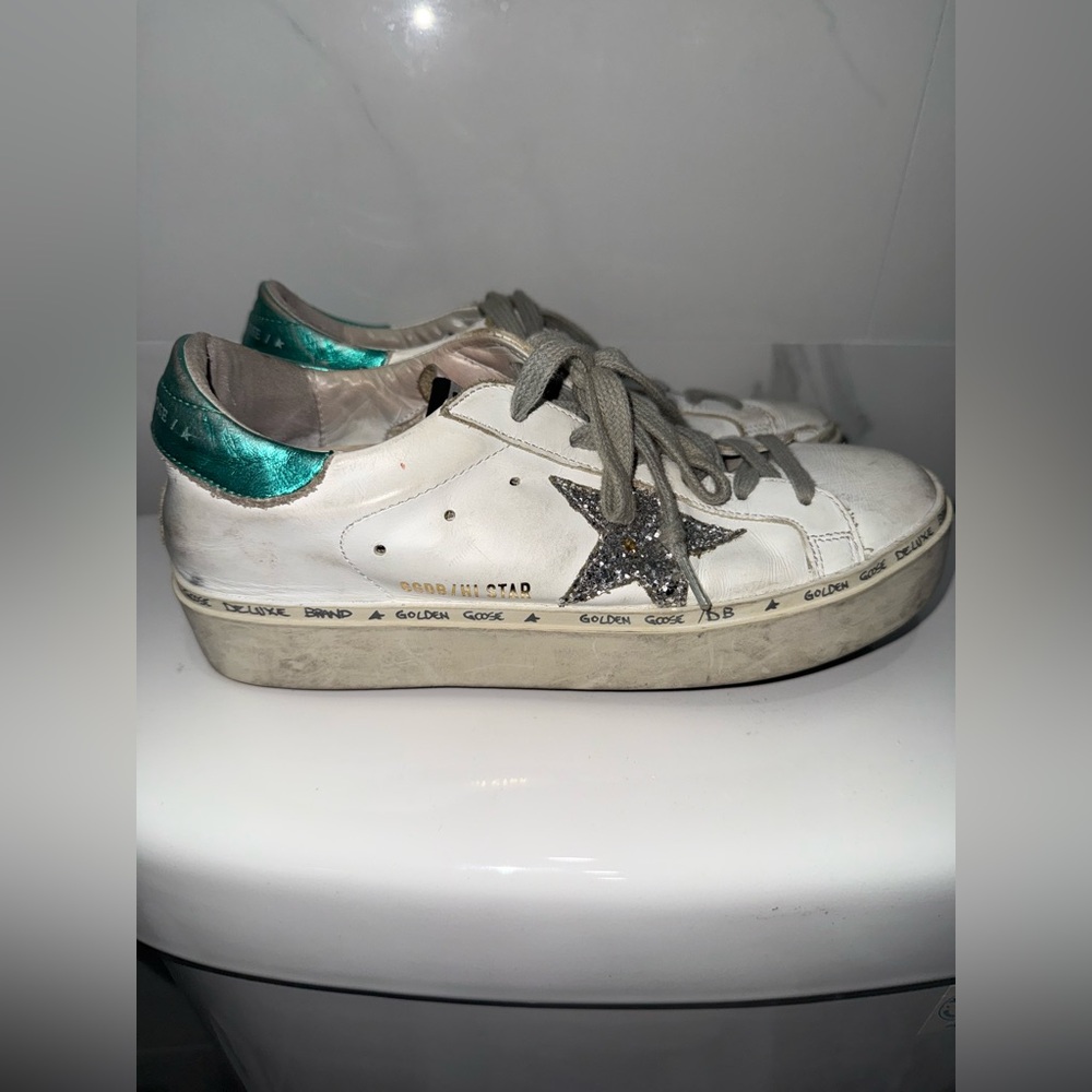 Golden Goose Hi Star Sneakers Glitter Star Shoes Green Back 36/ 6 - Picture 2 of 7